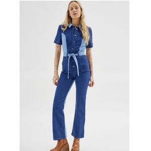 New w Tags Urban Outfitters Women's UO Isa Denim Colorblock Jumpsuit Size Large